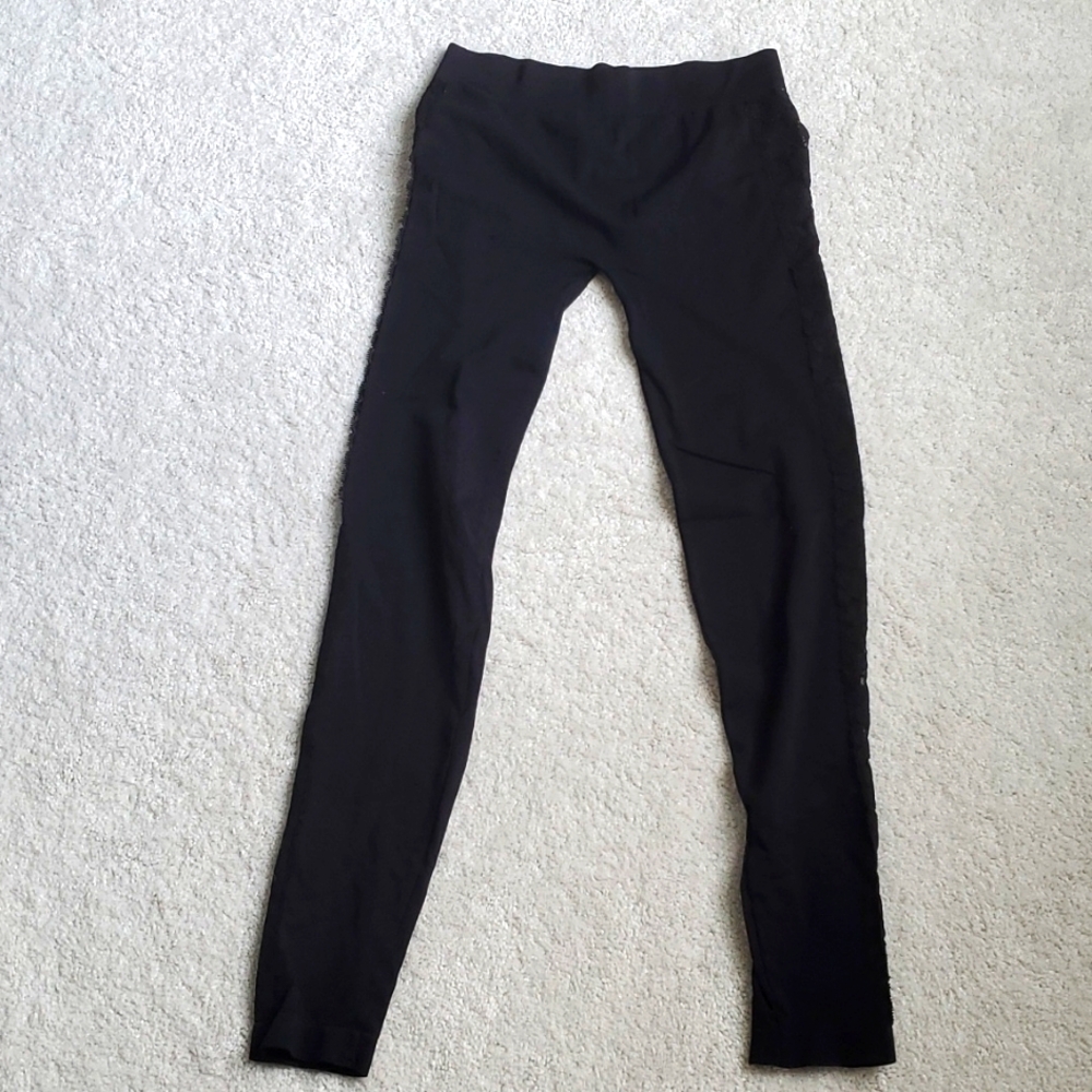 Black Nylon Leggings with Lace on Side - M